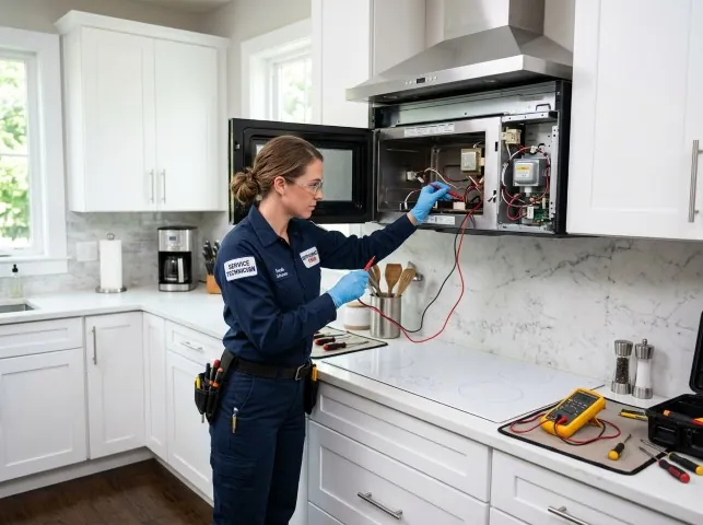 Appliance Repair Hero technician testing an over-the-range microwave in a Bowling Green, OH kitchen